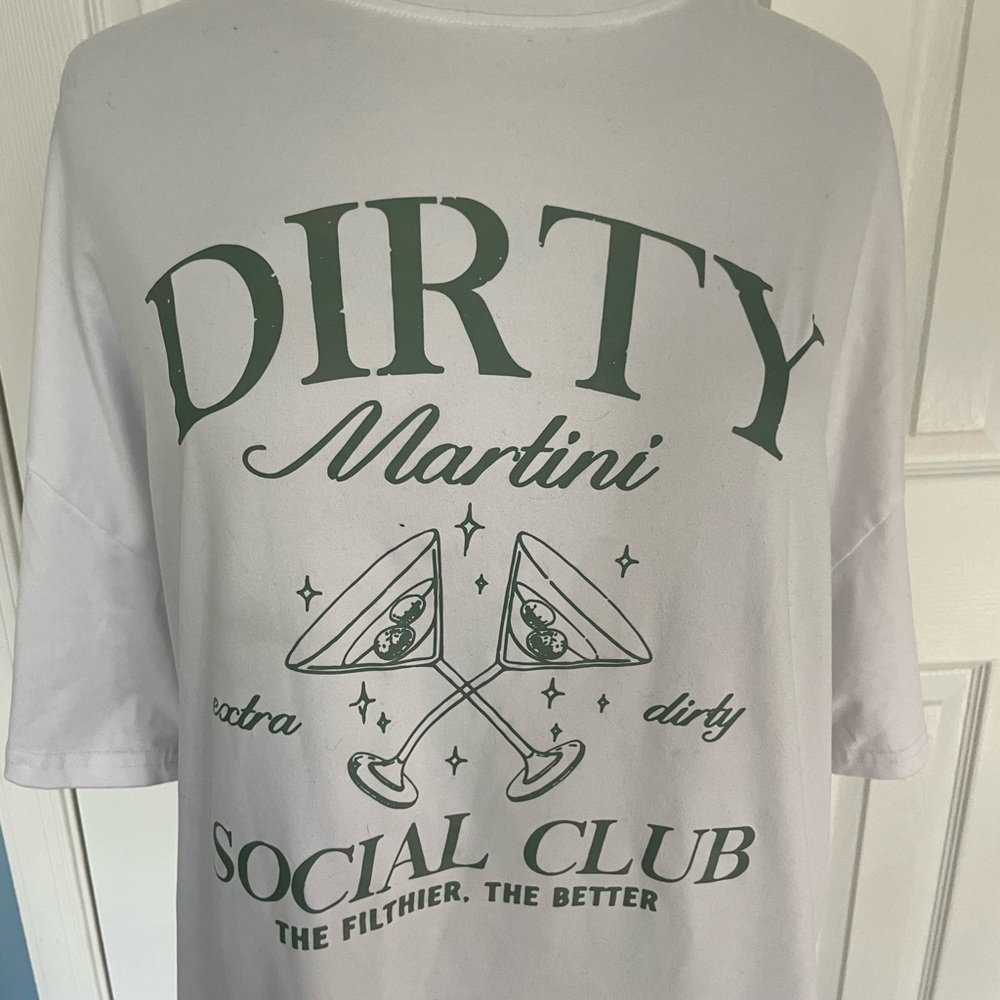 SHEIN White Short Sleeve Tee with Green 'Dirty Martini' Graphic